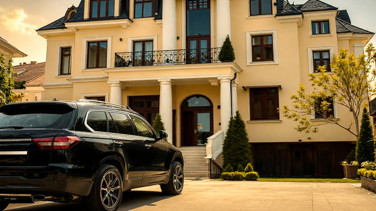 Black SUV outside luxury home