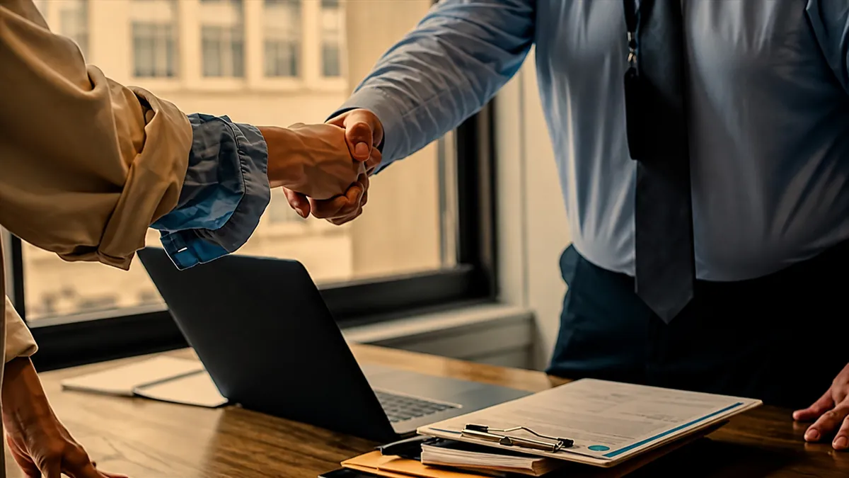 Business partners handshake over laptop