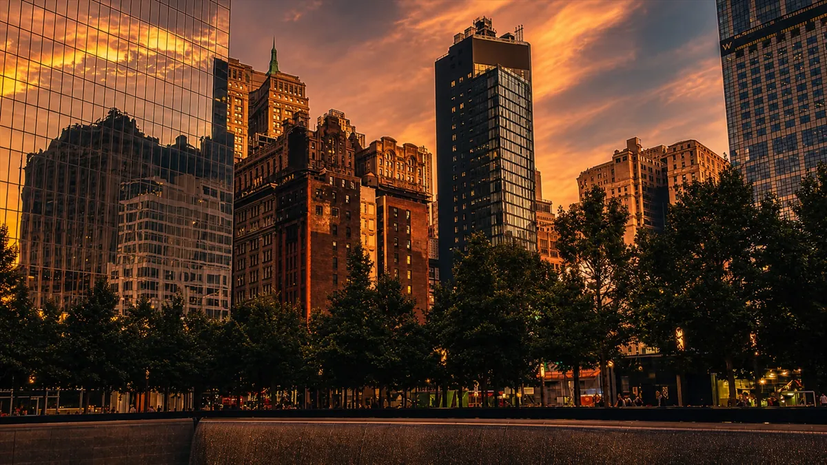 City office buildings at sunset