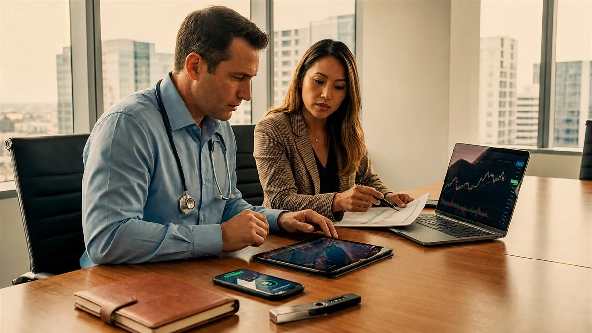 Doctor financial advisor reviewing crypto portfolio