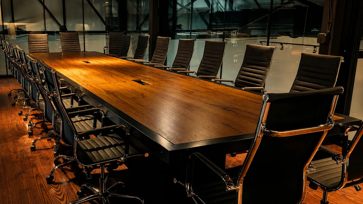 Empty boardroom with long wood table
