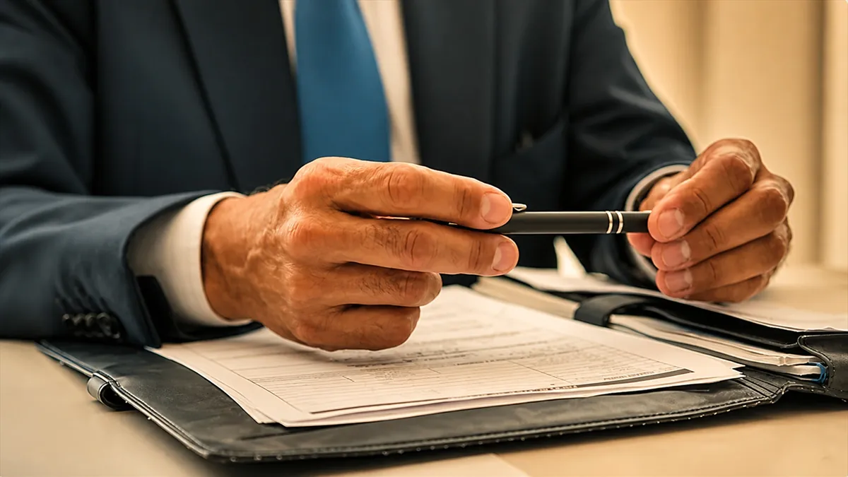Executive reviewing contract with pen