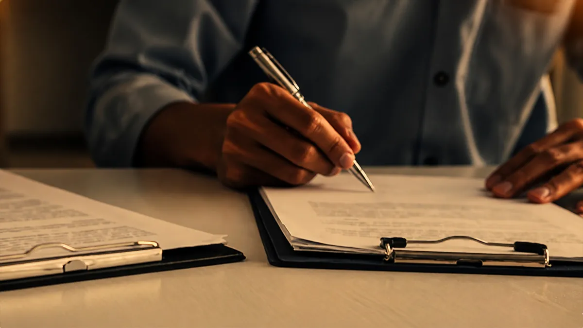 Executive signing documents on clipboard