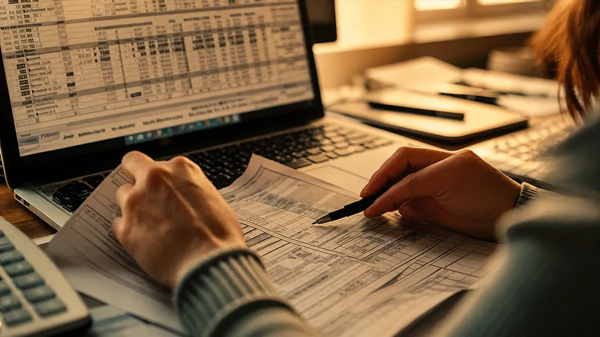 Financial analyst reviewing spreadsheet on laptop