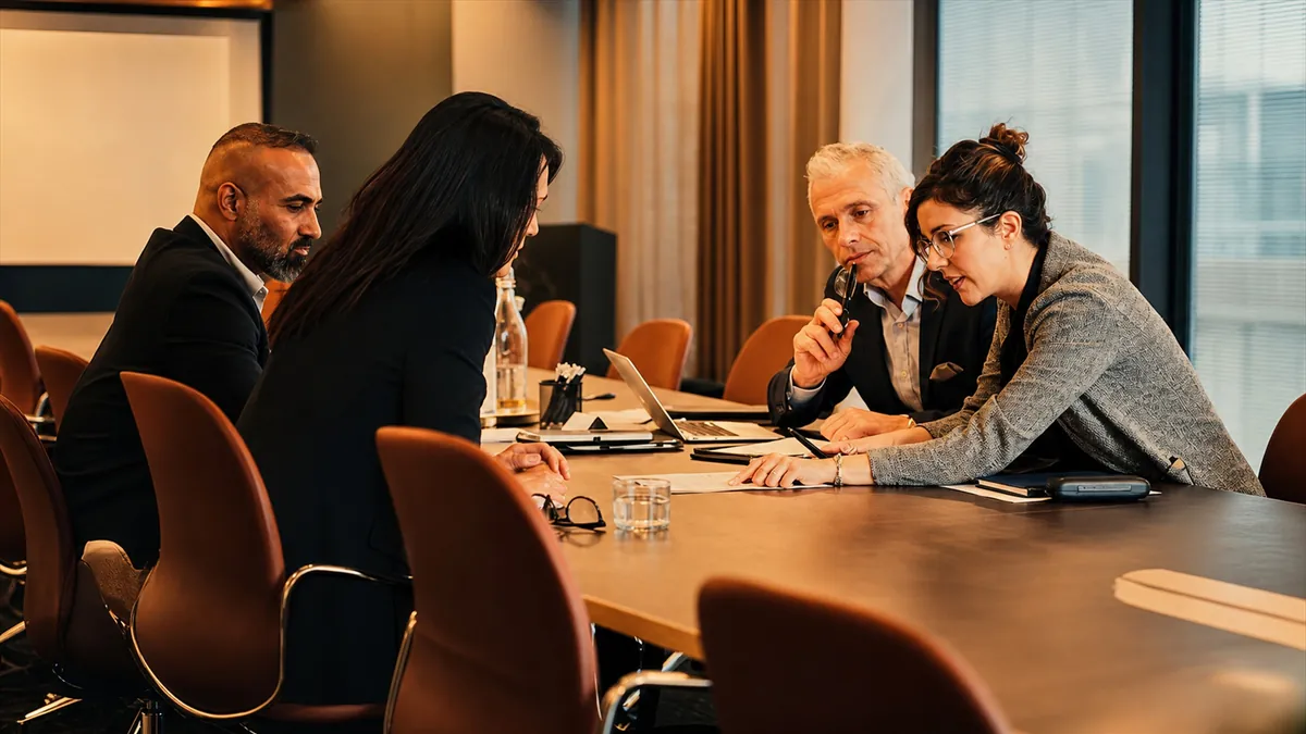 Financial team collaborating at conference table