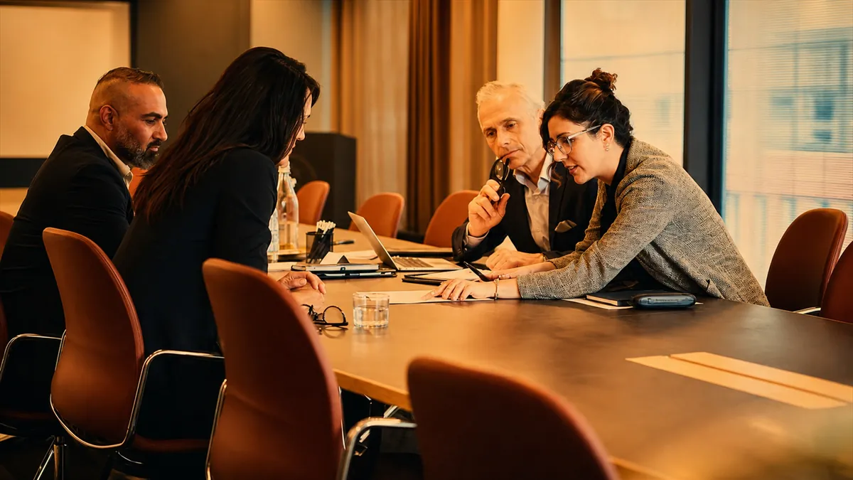 Financial team collaborating at conference table
