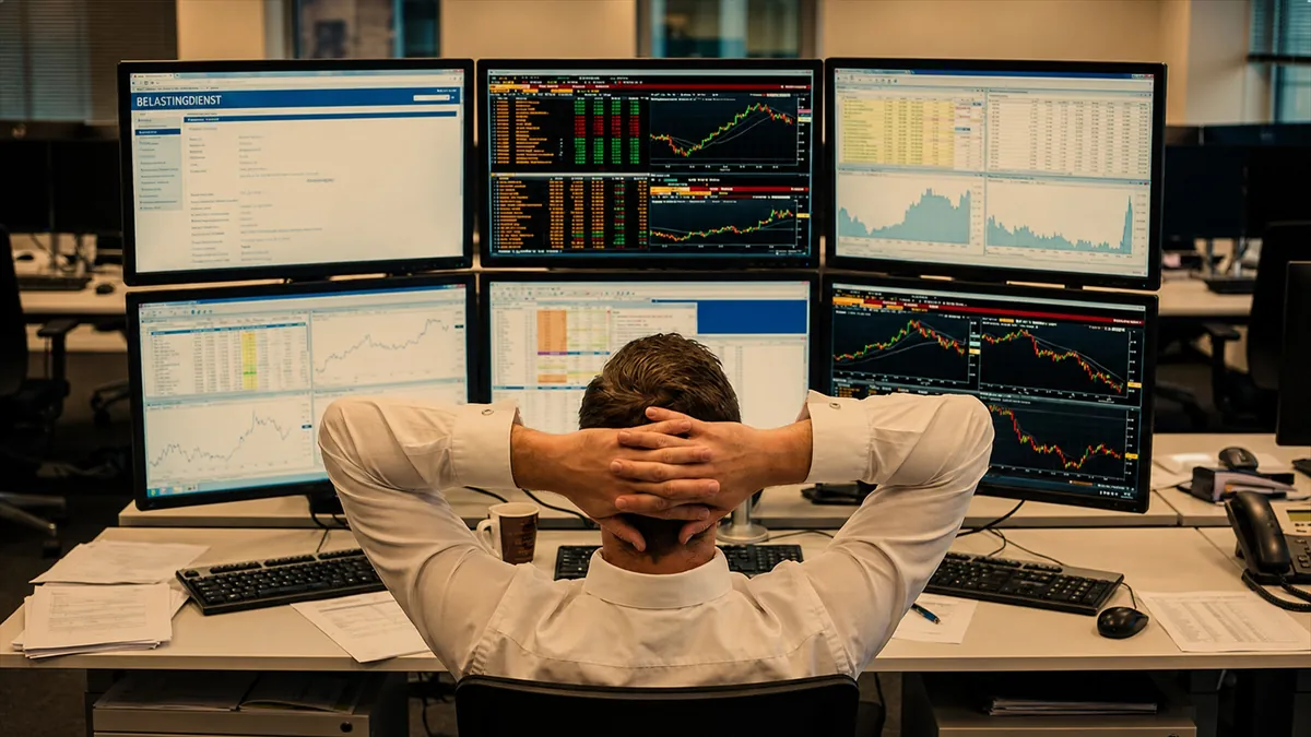 Financial trader watching market screens