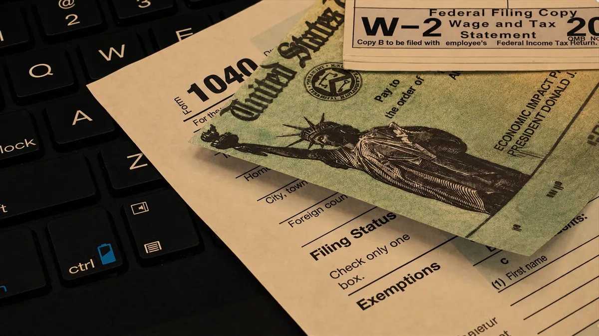 Form 1040 W-2 tax documents on keyboard
