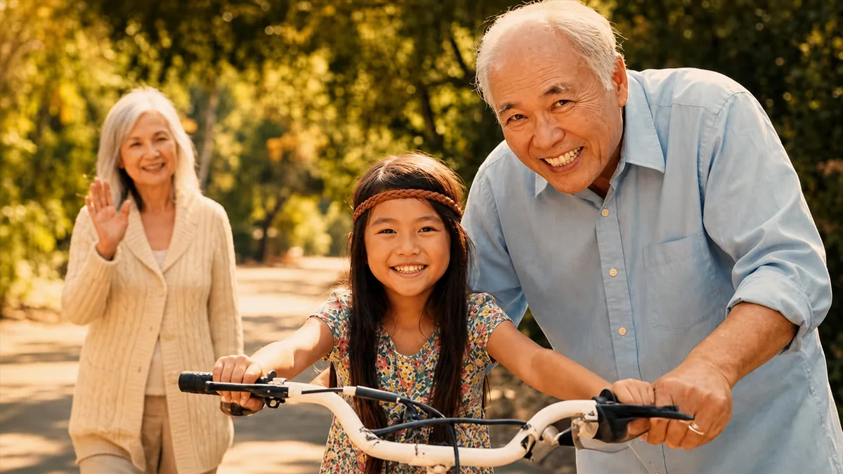 Grandparents helping girl ride bicycle