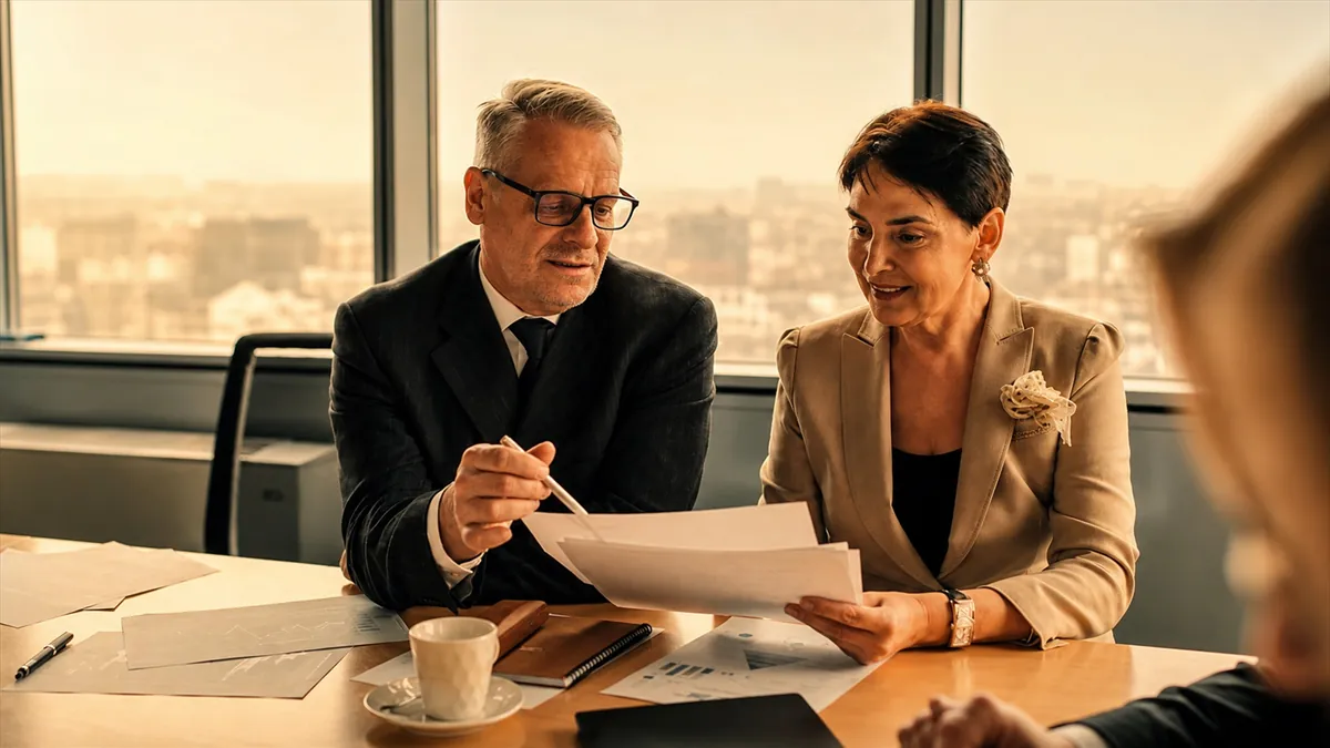 Senior financial advisors reviewing documents