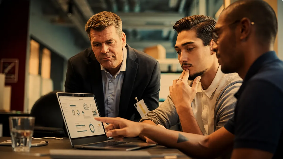Startup team reviewing funding presentation
