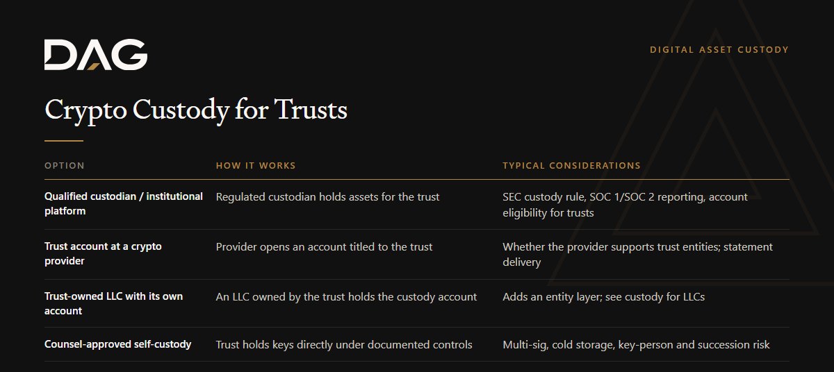 Qualified custodian / institutional platform, Trust account at a crypto provider, Trust-owned LLC with its own account compared on how it works, typical considerations
