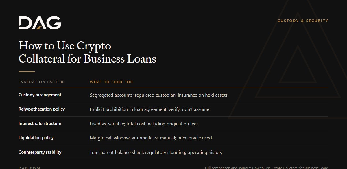 Custody arrangement, Rehypothecation policy, Interest rate structure, Liquidation policy compared on what to look for